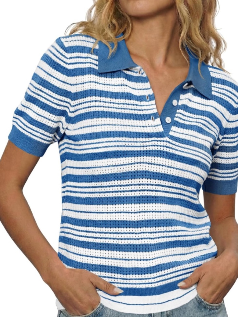 Zara Blue & White Striped Short-Sleeve Polo Top